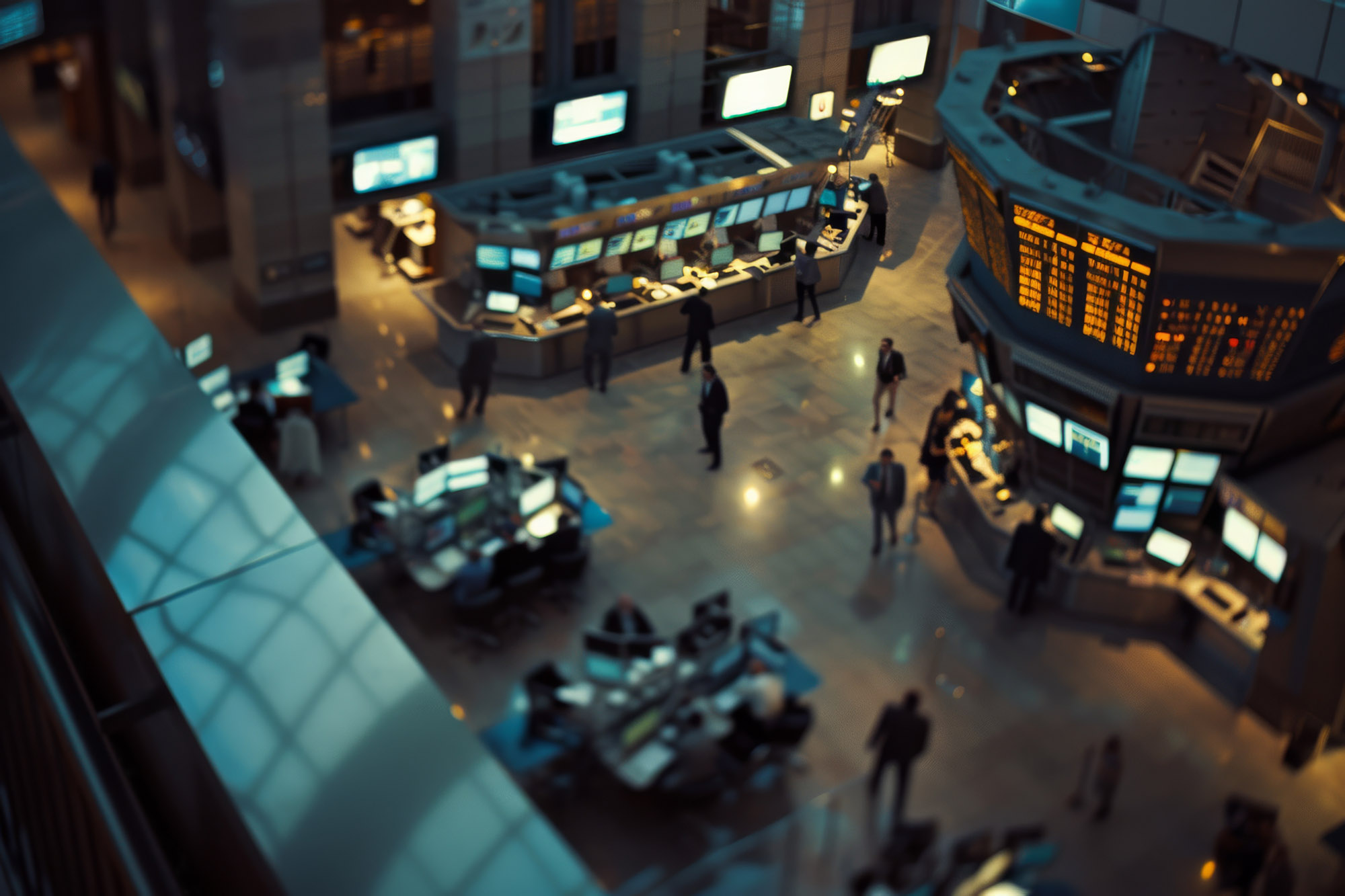 A bustling stock exchange floor, the hub of financial activity and trading, filled with illuminated screens and dynamic movement.