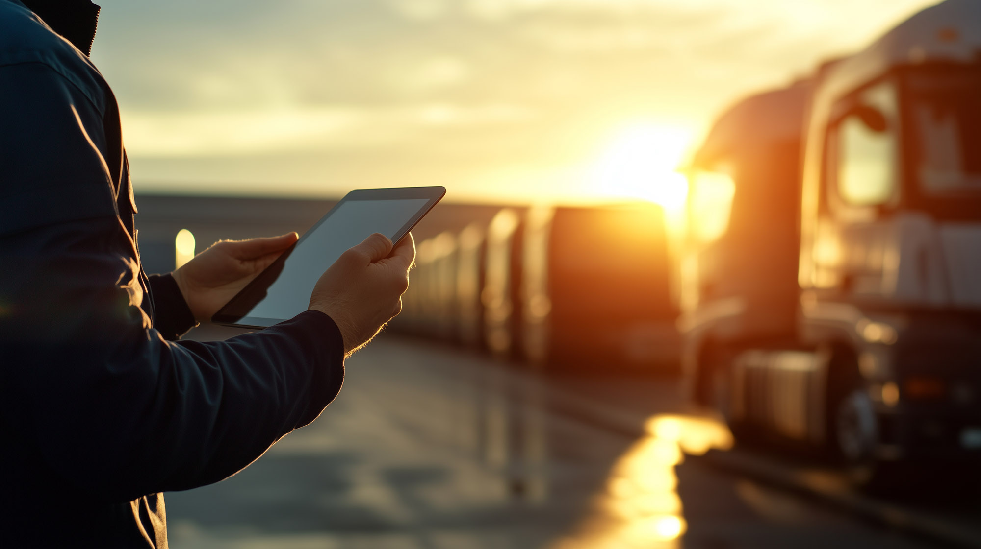 supervisor, holding a tablet, looking at the parked trucks.