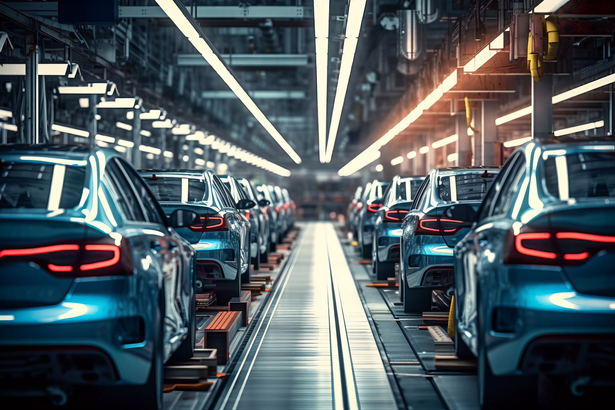 Efficient Factory Assembly Line Producing Modern Cars