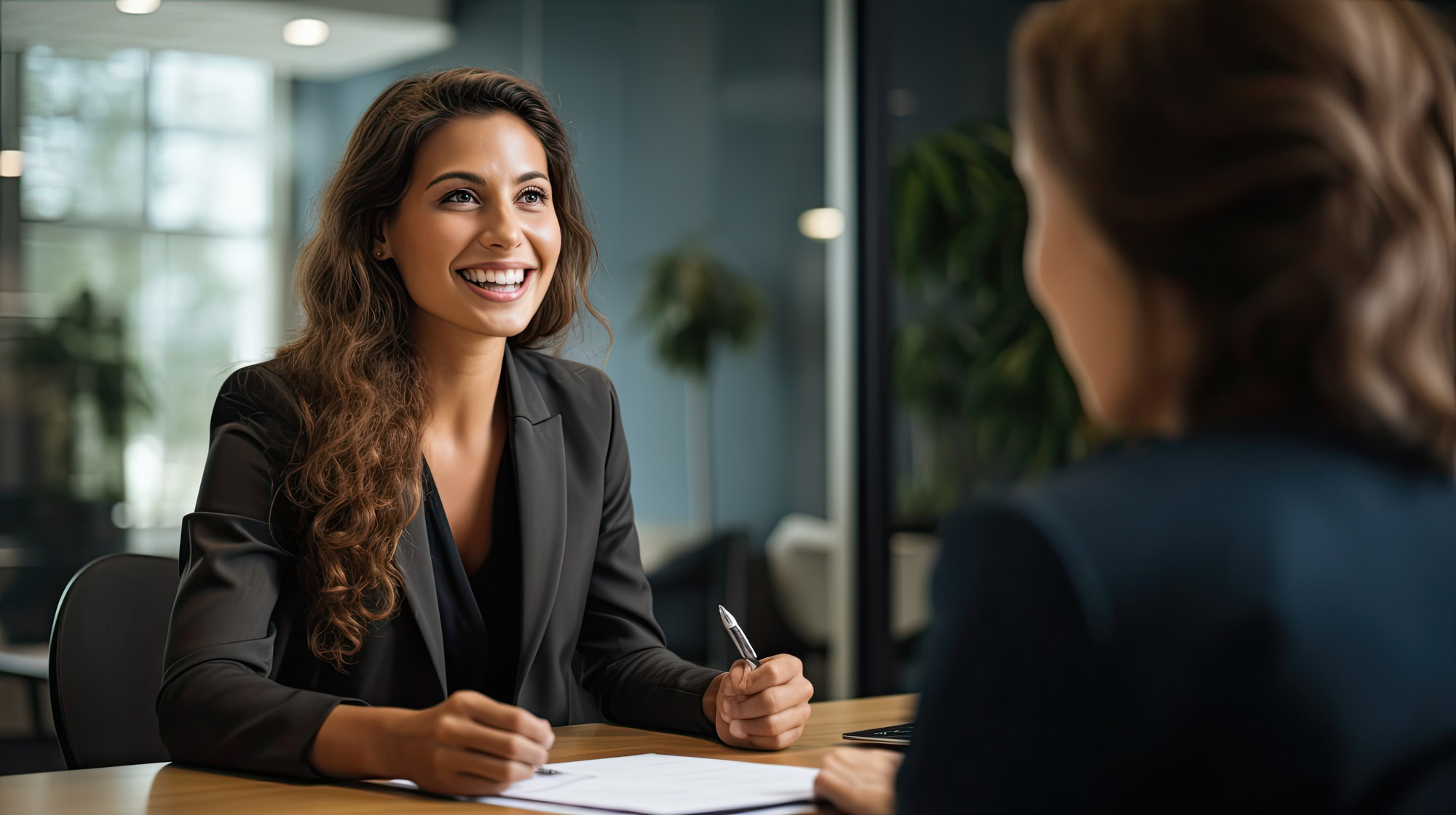 Smiling Female Manager Interviewing an Applicant In Office