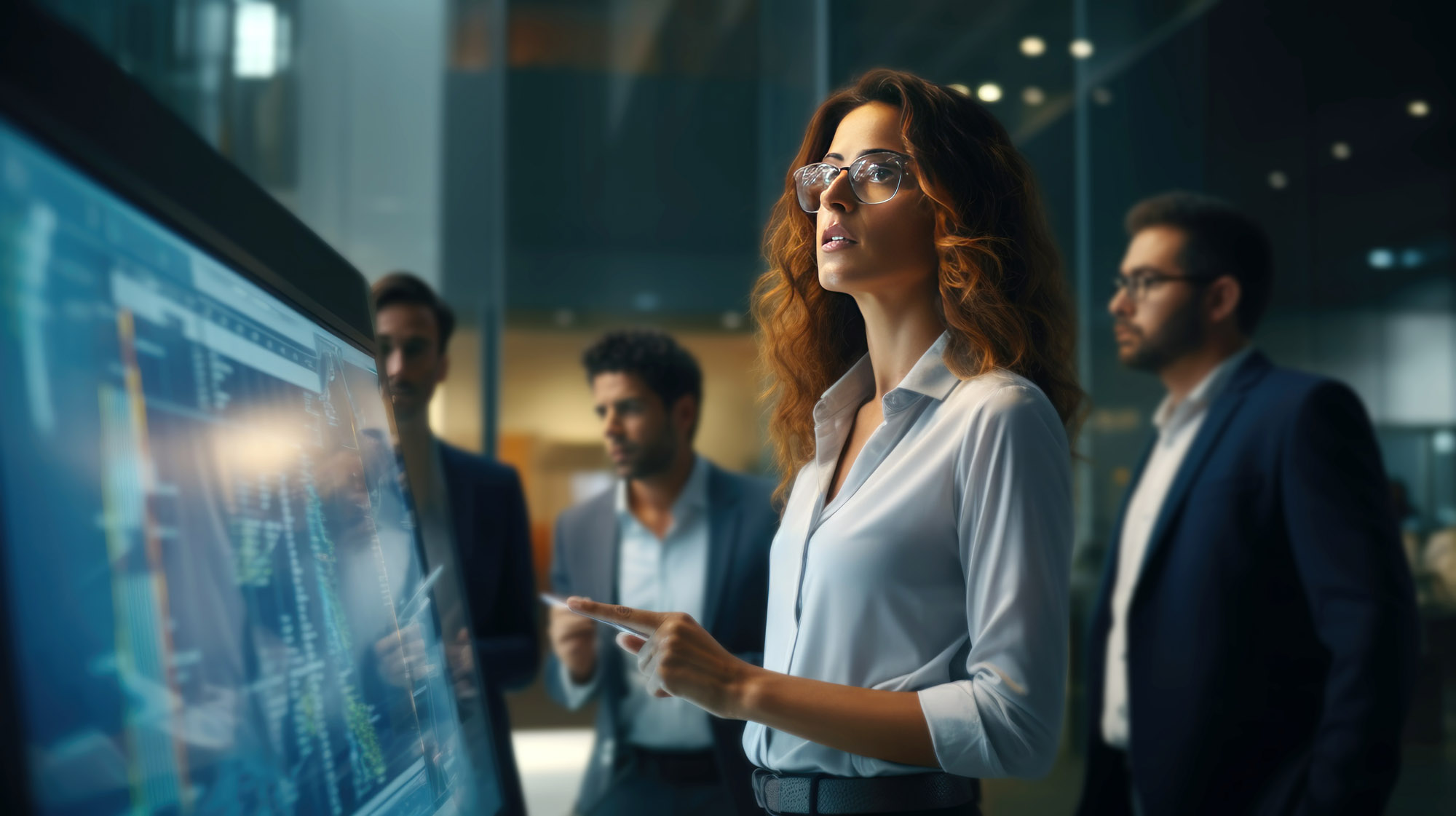 A businesswoman is in front of the screen.