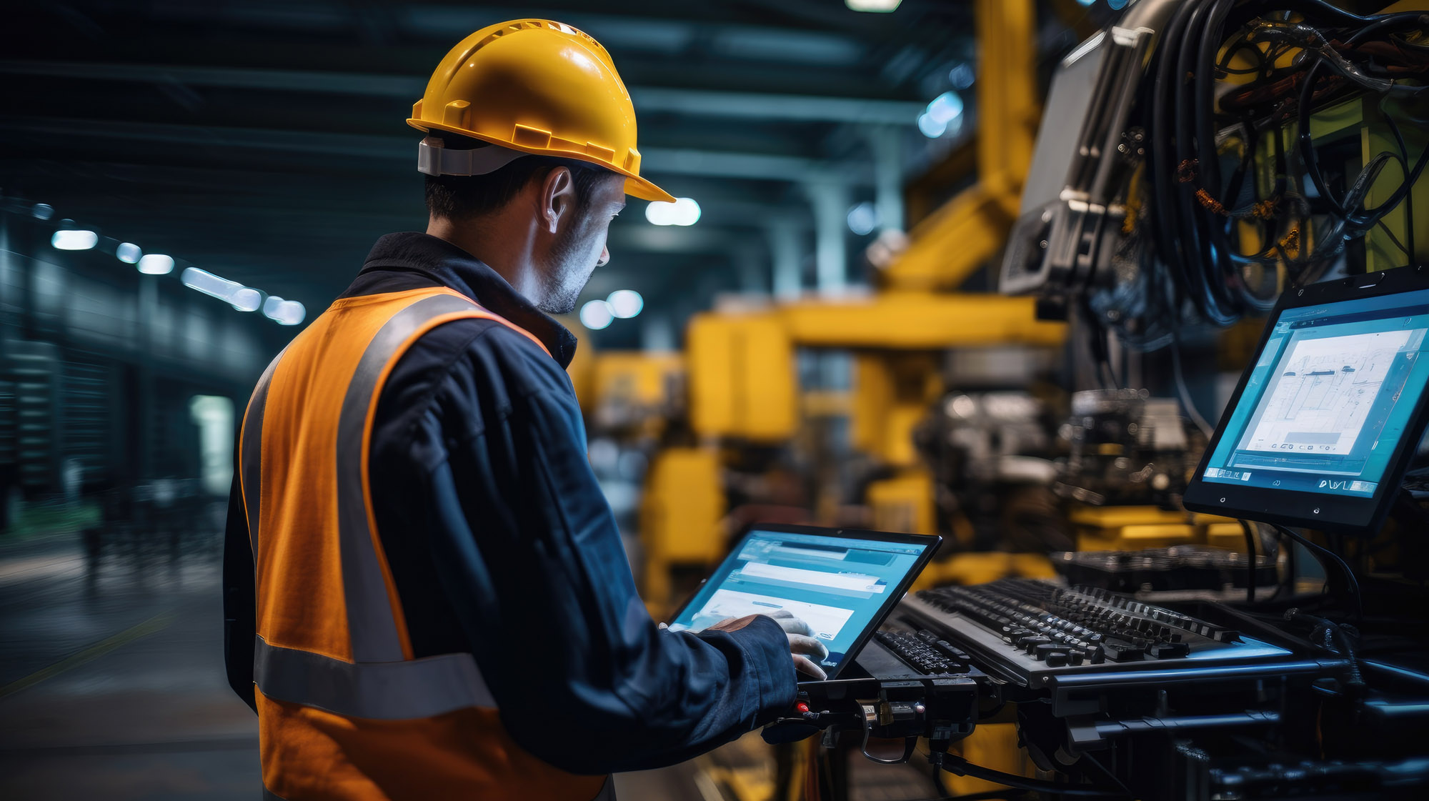 The engineer checks and controls the welding robotics automatic arm machines