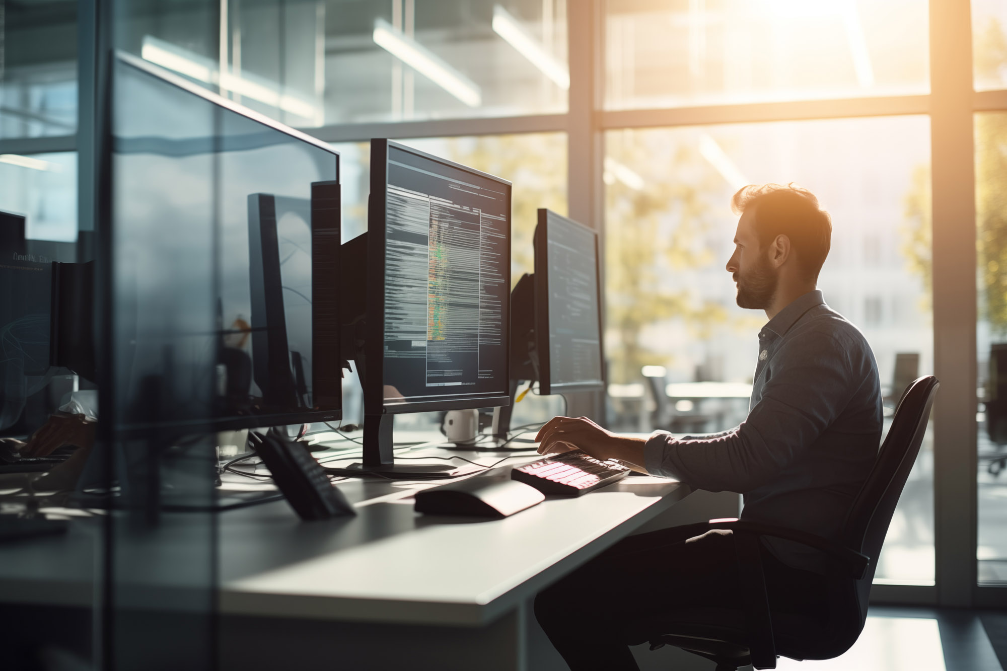 Man at computer, software developer working