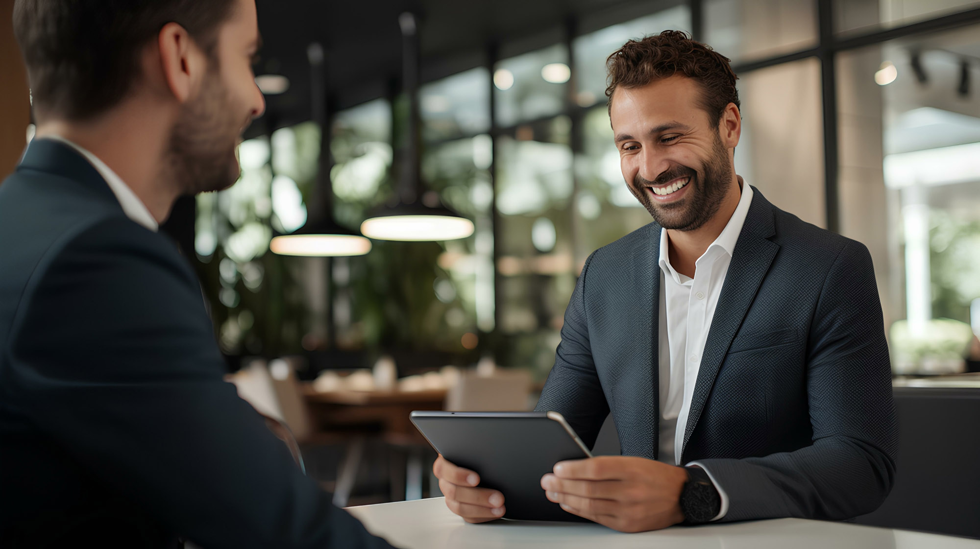 Smiling young male financial advisor holding digital tablet