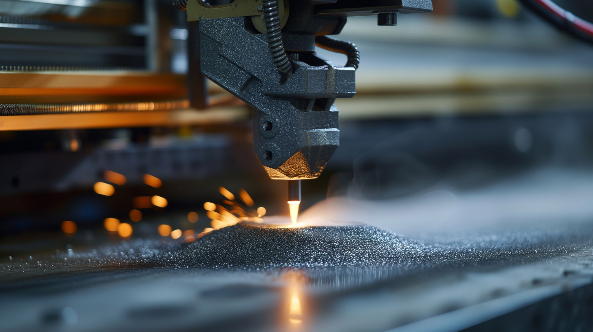 Dynamic 3D metal printing scene with a laser beam melting metal powder, creating sparks and smoke, showcasing cutting-edge manufacturing technology.