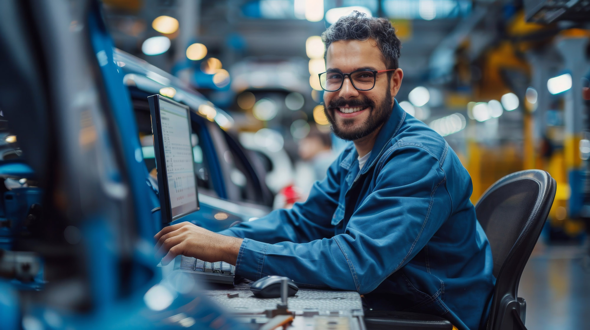 A dedicated engineer wearing blue work attire is meticulously overseeing the car assembly line.