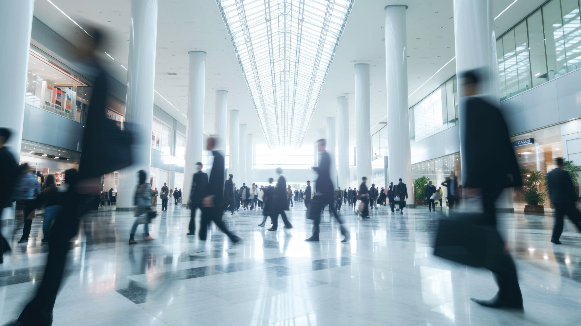 Blurred People walking in modern hall ,Trade fair visitors