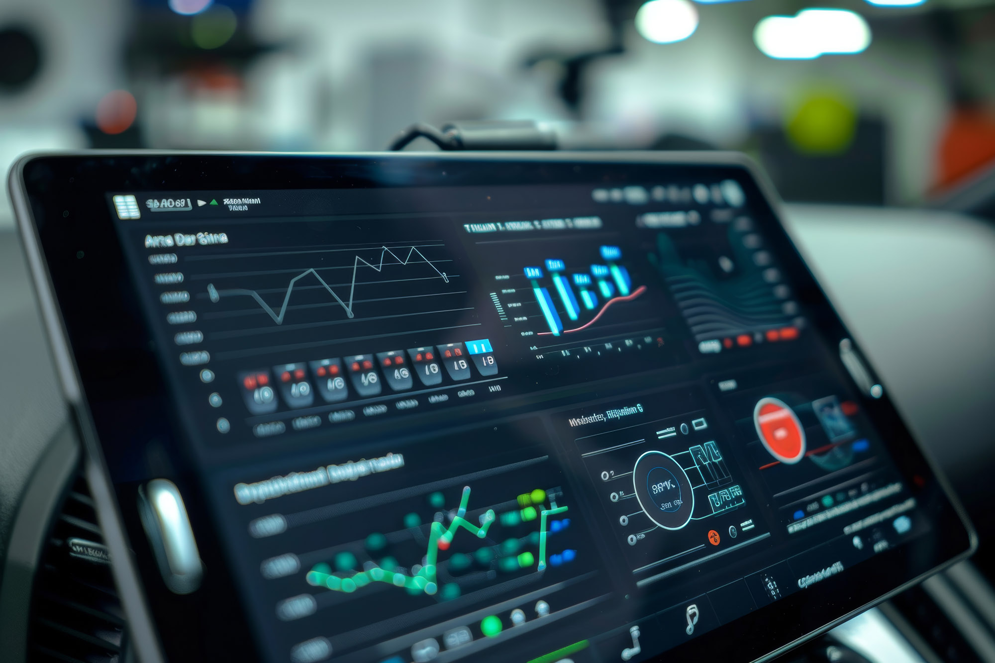 Detailed view of a digital car diagnostic interface on a tablet, showcasing real-time data and performance metrics.