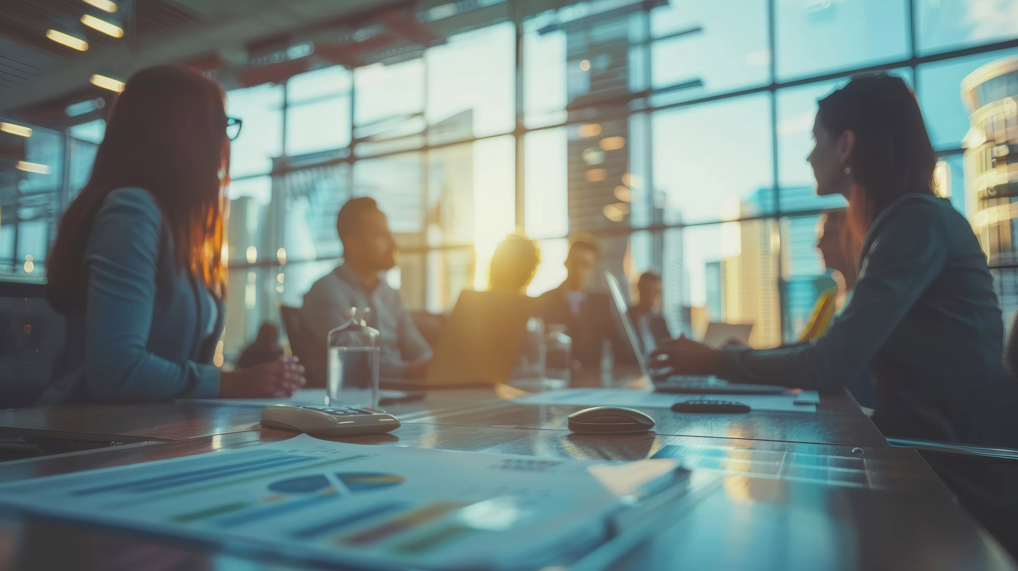 Formal business meeting where coworkers and clients discuss ideas and analyze data reports.