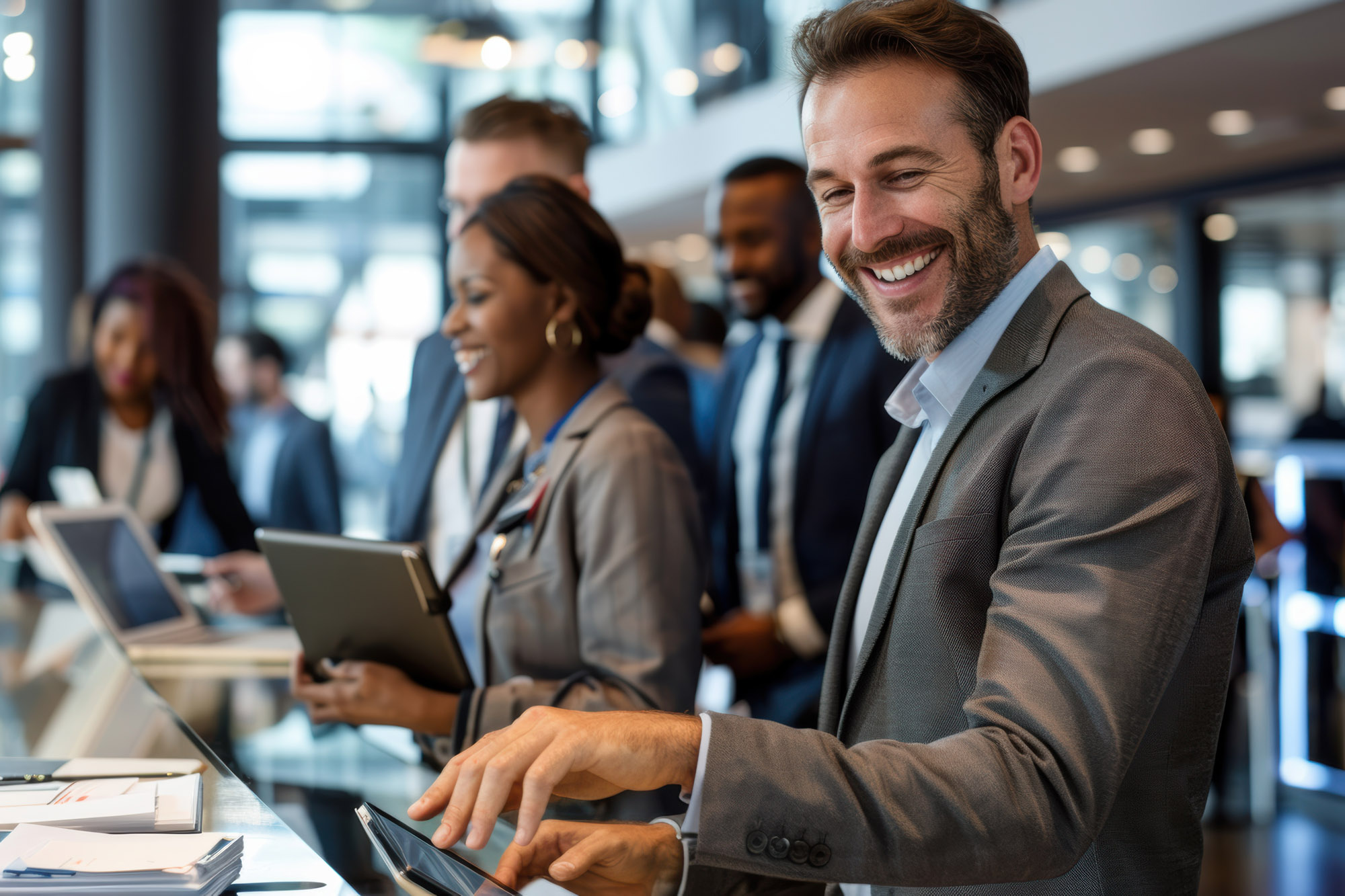 A smiling businessman engages in friendly banter with software developers and tech industry leaders at a digital innovation conference, exuding fostering genuine connections.