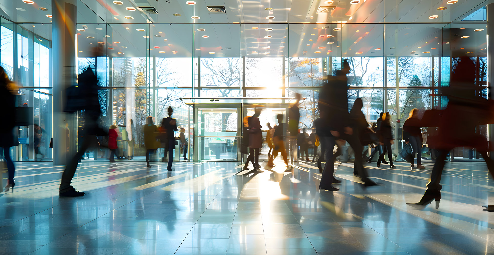 A busy city street with people walking and a large window.