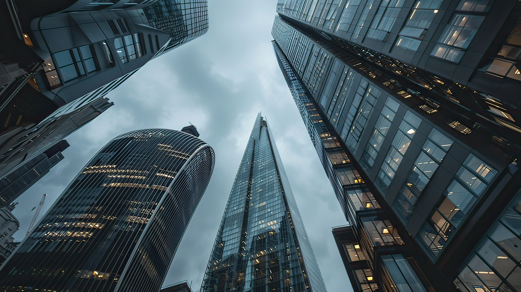 Looking directly up at the skyline of the financial district