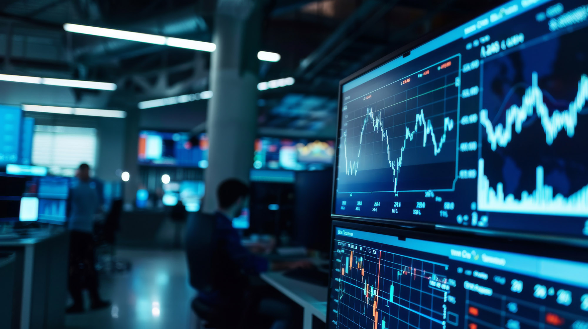 A busy trading floor with monitors displaying live stock market graphs and news tickers.