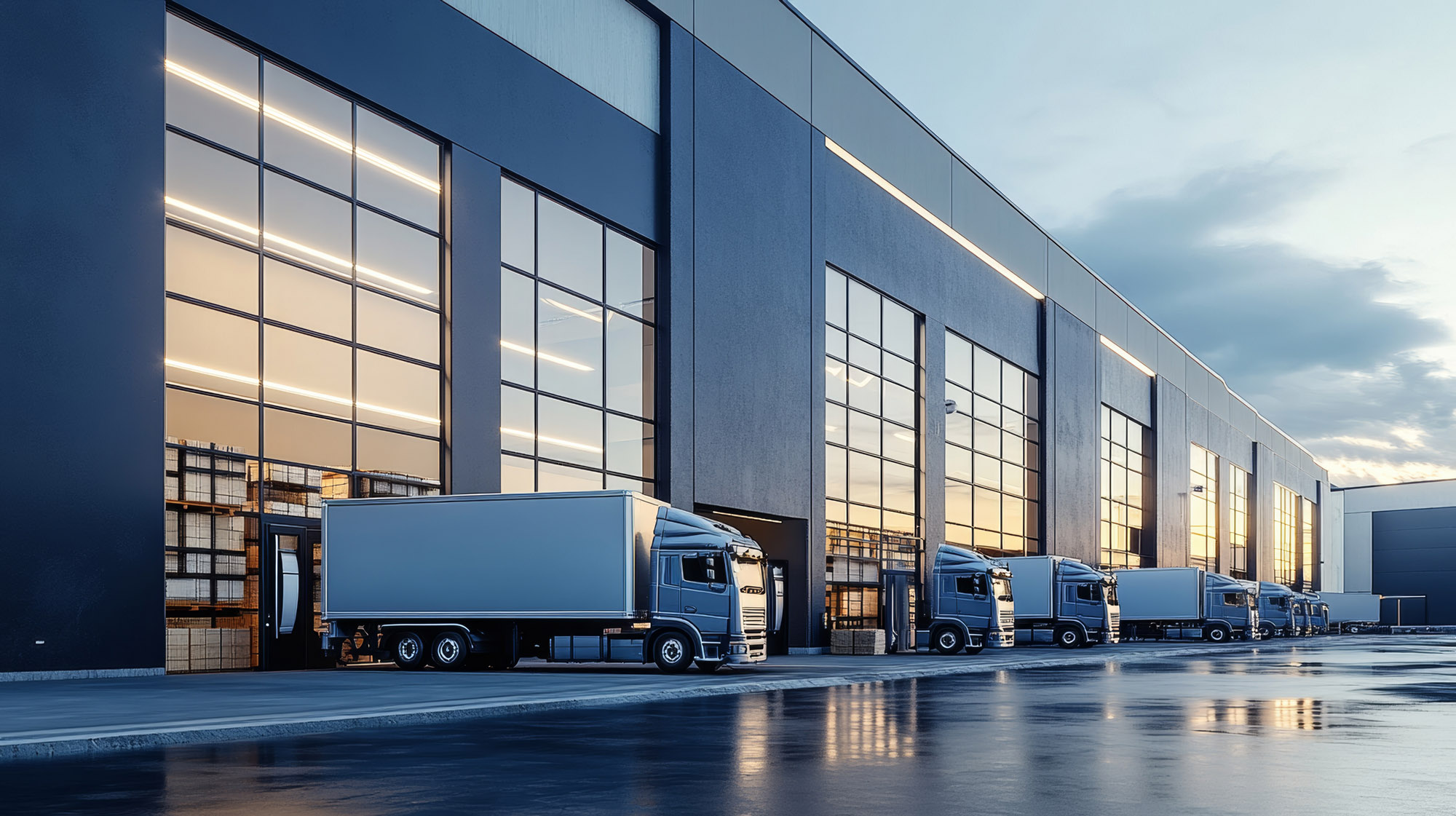 A large building with many trucks parked in front of it. The trucks are all different sizes and colors, and they are all parked in a row. The building is very large and has many windows