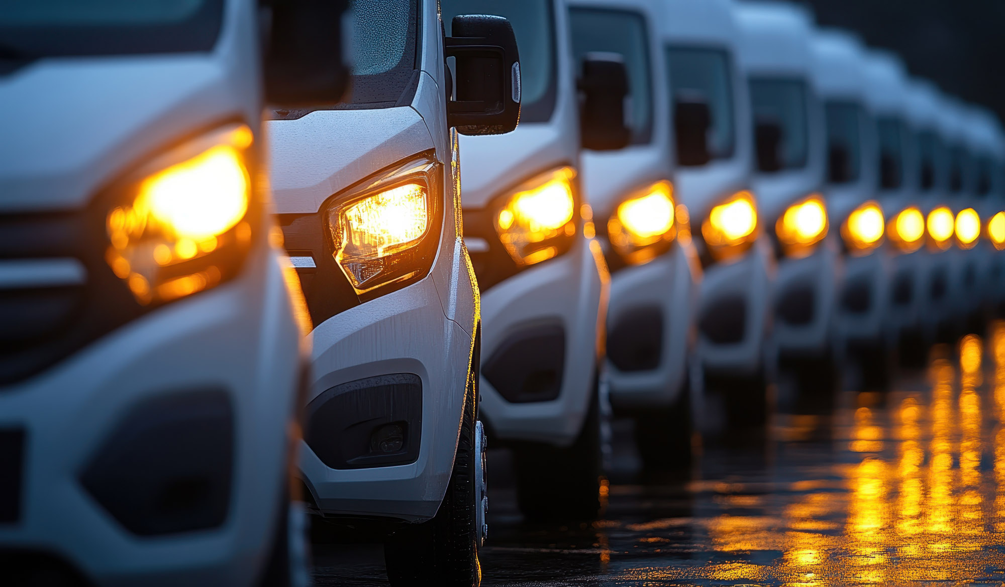 A row of white delivery vehicles parked side by side